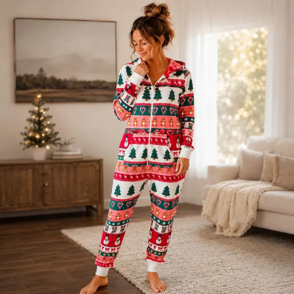Forever 21 Women’s Small Christmas Holiday Fleece Hooded Onesie Pajamas